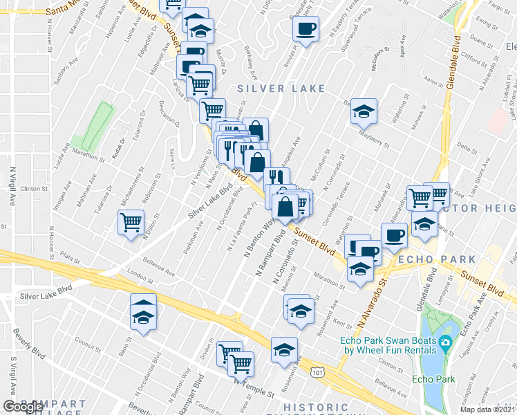 map of restaurants, bars, coffee shops, grocery stores, and more near 2798 Sunset Boulevard in Los Angeles