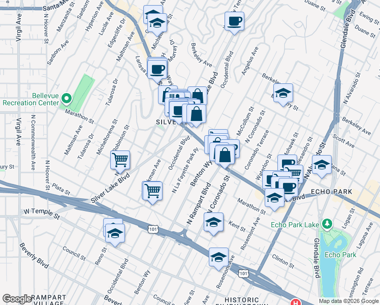 map of restaurants, bars, coffee shops, grocery stores, and more near 2798 Sunset Boulevard in Los Angeles