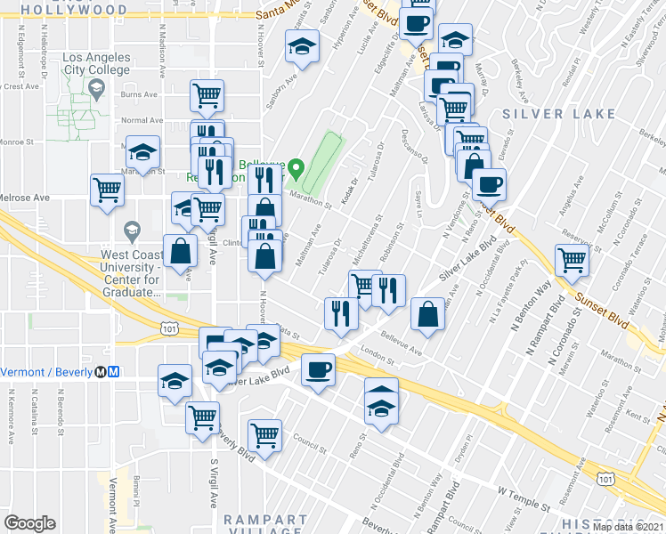 map of restaurants, bars, coffee shops, grocery stores, and more near 706 Tularosa Drive in Los Angeles