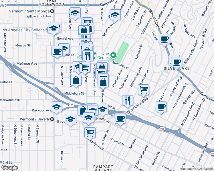 map of restaurants, bars, coffee shops, grocery stores, and more near 627 Imogen Avenue in Los Angeles