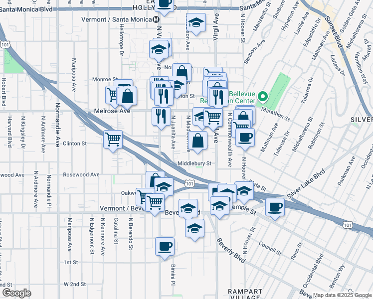 map of restaurants, bars, coffee shops, grocery stores, and more near 4014 Clinton Street in Los Angeles