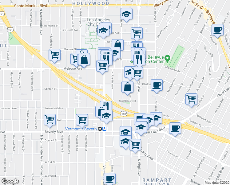map of restaurants, bars, coffee shops, grocery stores, and more near 4014 Clinton Street in Los Angeles