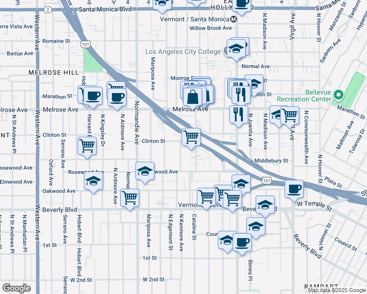 map of restaurants, bars, coffee shops, grocery stores, and more near 4264 Clinton Street in Los Angeles
