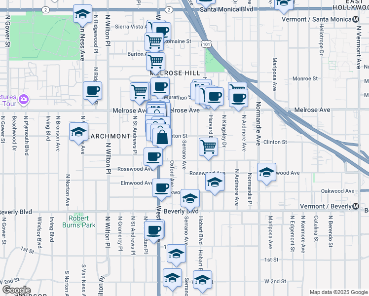 map of restaurants, bars, coffee shops, grocery stores, and more near 4766 Clinton Street in Los Angeles