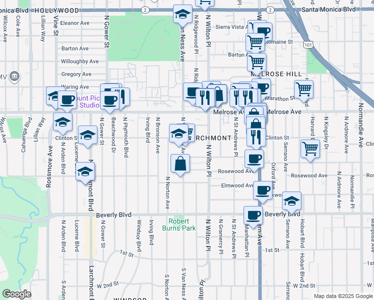 map of restaurants, bars, coffee shops, grocery stores, and more near 542 North Van Ness Avenue in Los Angeles