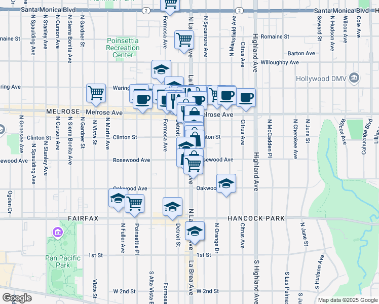 map of restaurants, bars, coffee shops, grocery stores, and more near 561 North La Brea Avenue in Los Angeles