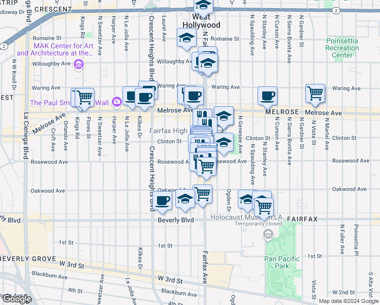 map of restaurants, bars, coffee shops, grocery stores, and more near 543 North Fairfax Avenue in Los Angeles