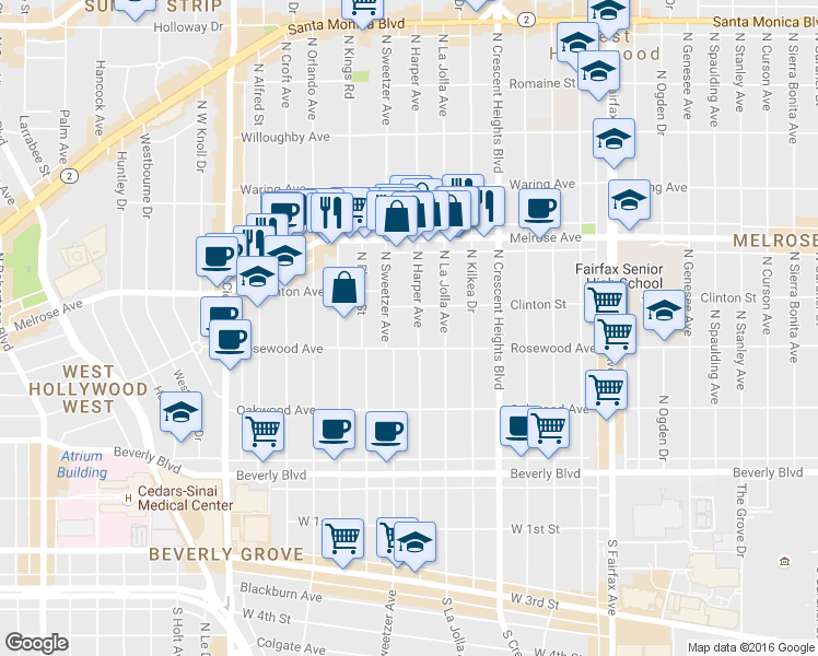 map of restaurants, bars, coffee shops, grocery stores, and more near 8262 Clinton Street in Los Angeles