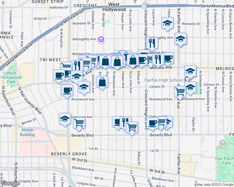 map of restaurants, bars, coffee shops, grocery stores, and more near 8262 Clinton Street in Los Angeles