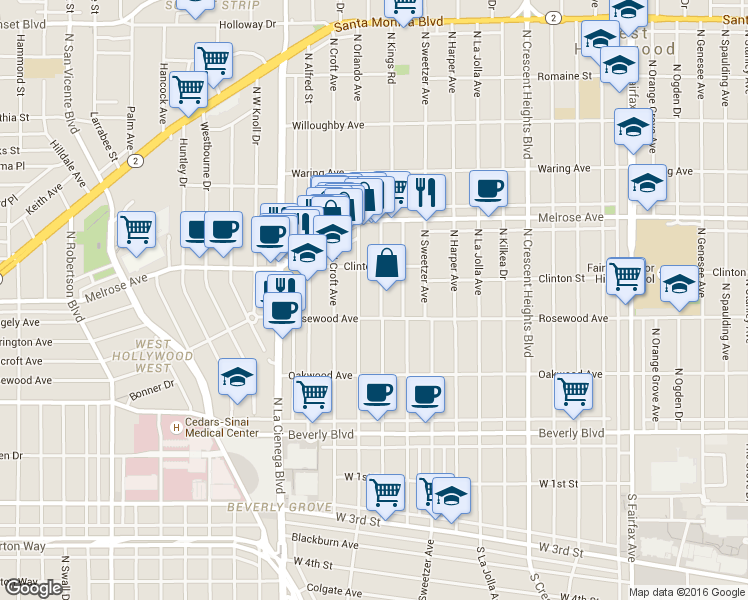 map of restaurants, bars, coffee shops, grocery stores, and more near 547 North Kings Road in West Hollywood