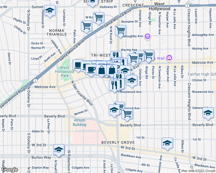map of restaurants, bars, coffee shops, grocery stores, and more near 552 Westmount Drive in West Hollywood