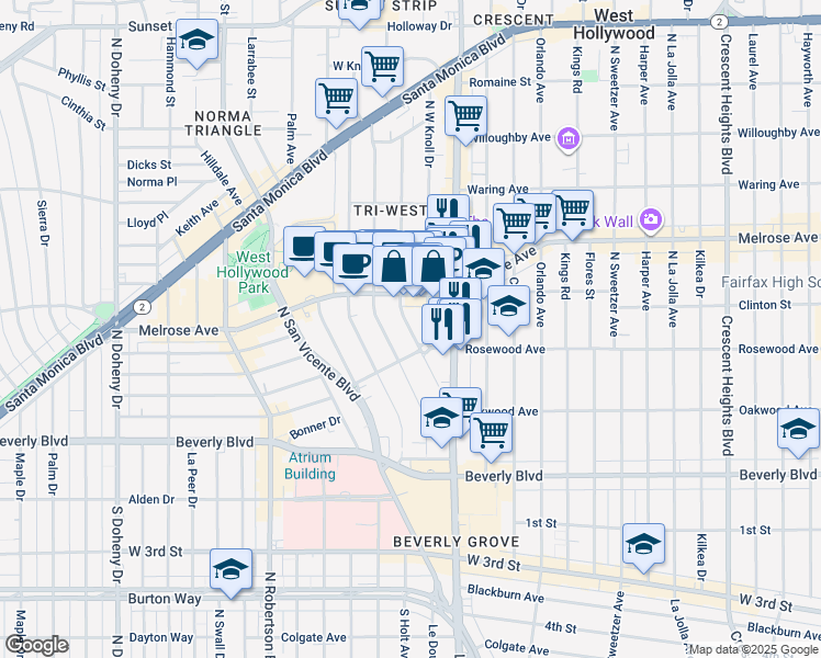 map of restaurants, bars, coffee shops, grocery stores, and more near 552 Westmount Drive in West Hollywood