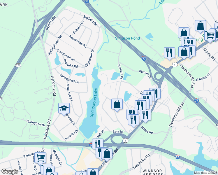 map of restaurants, bars, coffee shops, grocery stores, and more near 1728 Springwoods Lake Drive in Columbia