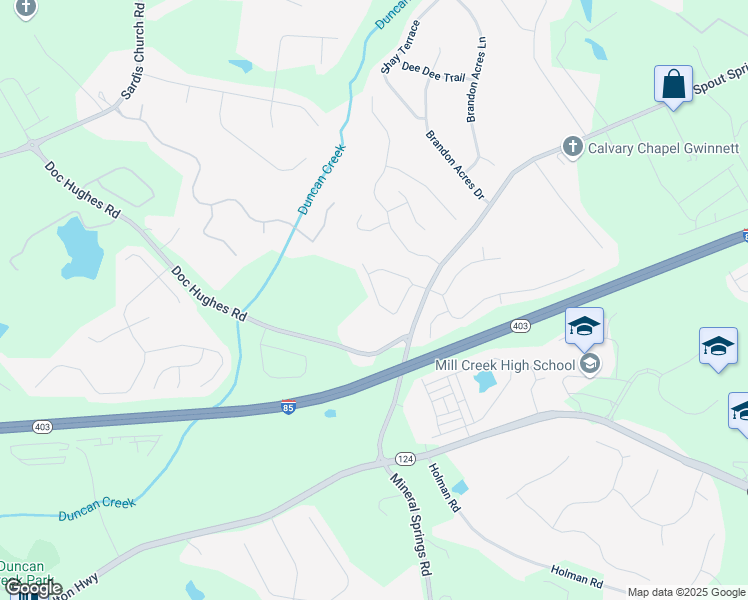 map of restaurants, bars, coffee shops, grocery stores, and more near 4127 Water Mill Drive in Buford