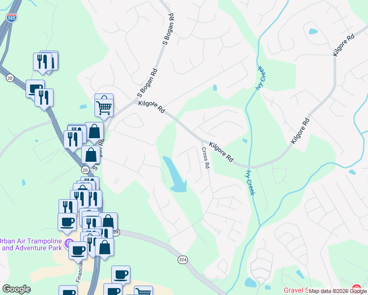 map of restaurants, bars, coffee shops, grocery stores, and more near 3673 Fallen Oak Drive in Buford
