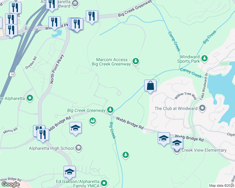 map of restaurants, bars, coffee shops, grocery stores, and more near 3598 Strath Drive in Alpharetta