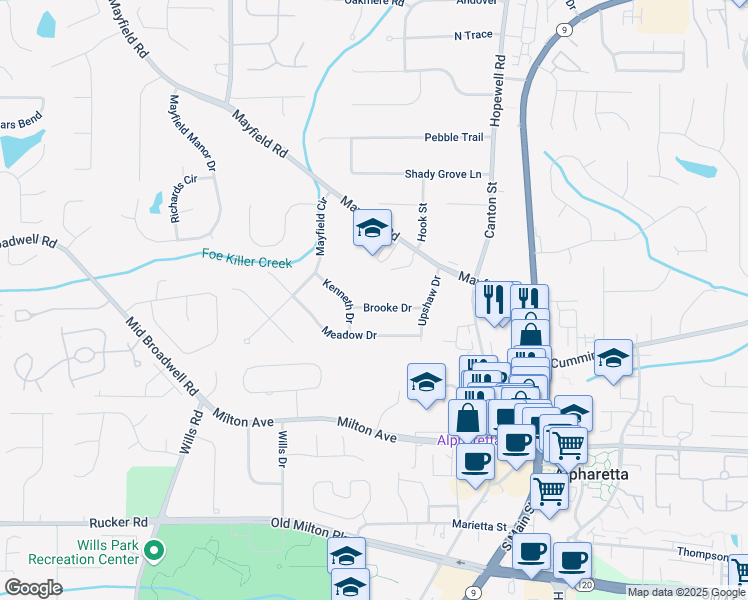 map of restaurants, bars, coffee shops, grocery stores, and more near 221 Brooke Drive in Alpharetta