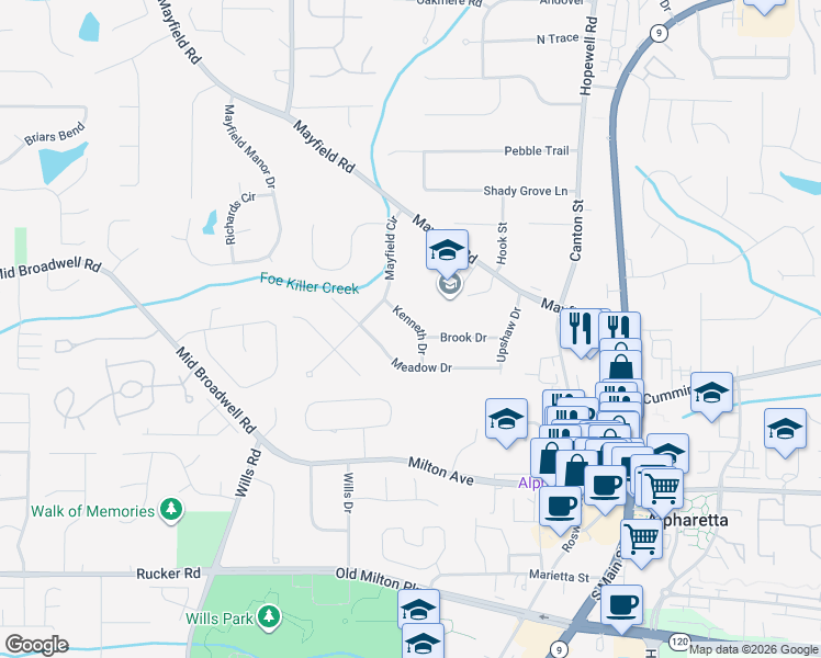 map of restaurants, bars, coffee shops, grocery stores, and more near 219 Kenneth Drive in Alpharetta