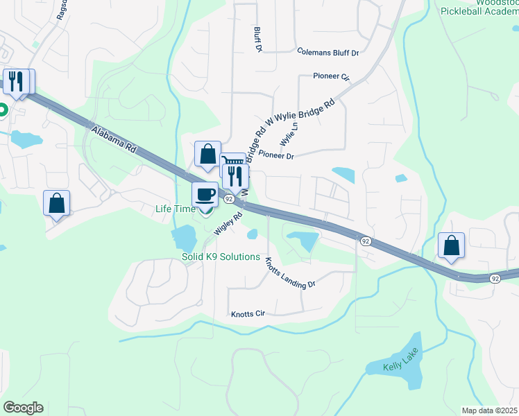 map of restaurants, bars, coffee shops, grocery stores, and more near Highway 92 in Woodstock