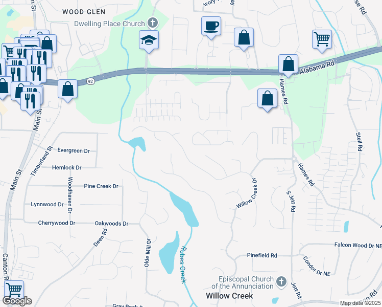 map of restaurants, bars, coffee shops, grocery stores, and more near 4994 Willow Creek Drive in Woodstock