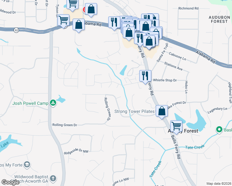 map of restaurants, bars, coffee shops, grocery stores, and more near 5284 Cross Creek Court in Acworth
