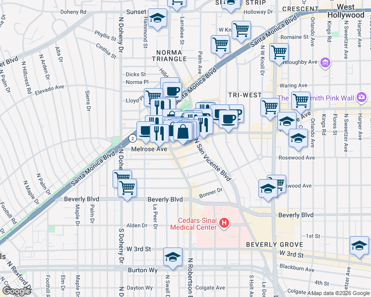 map of restaurants, bars, coffee shops, grocery stores, and more near 8739 Melrose Avenue in West Hollywood