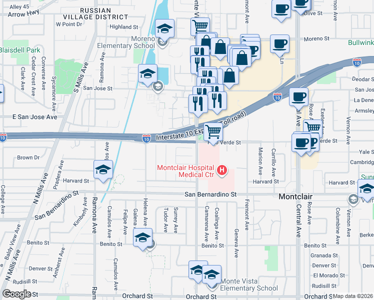map of restaurants, bars, coffee shops, grocery stores, and more near 4863 Yale Street in Montclair