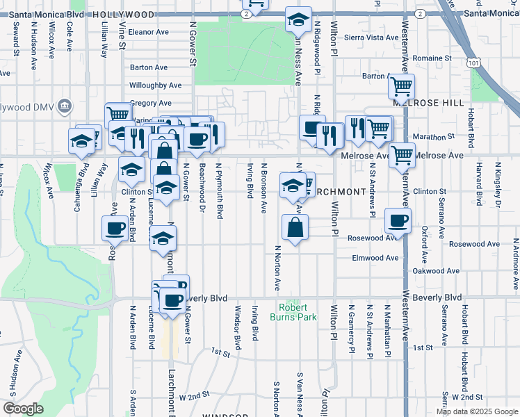 map of restaurants, bars, coffee shops, grocery stores, and more near 563 North Bronson Avenue in Los Angeles