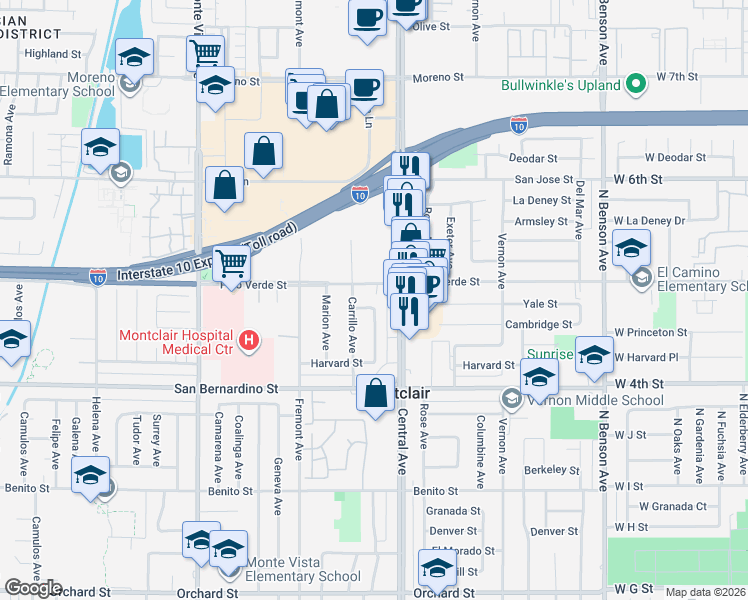 map of restaurants, bars, coffee shops, grocery stores, and more near 5244 Yale Street in Montclair