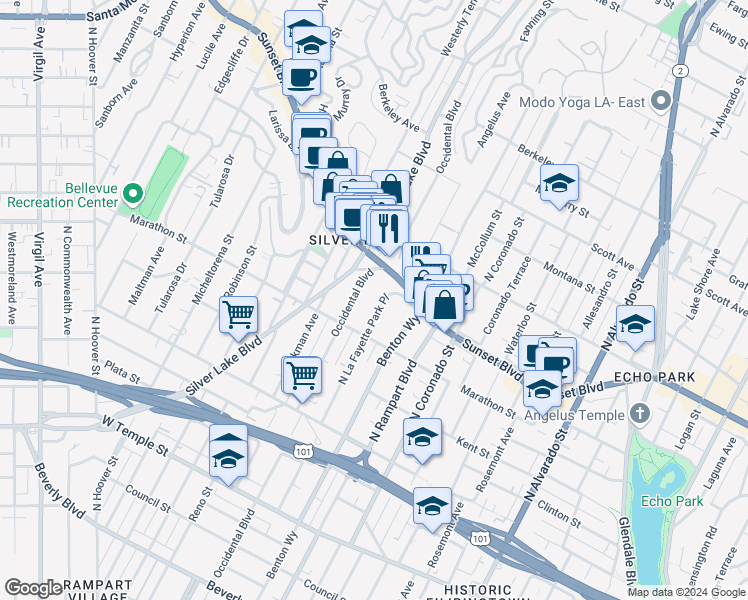 map of restaurants, bars, coffee shops, grocery stores, and more near 843 North La Fayette Park Place in Los Angeles
