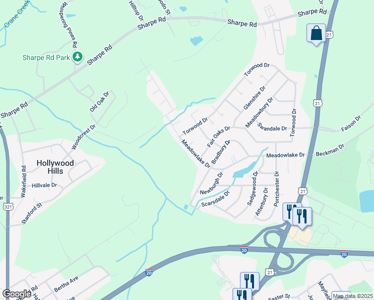 map of restaurants, bars, coffee shops, grocery stores, and more near 432 Meadowlake Drive in Columbia