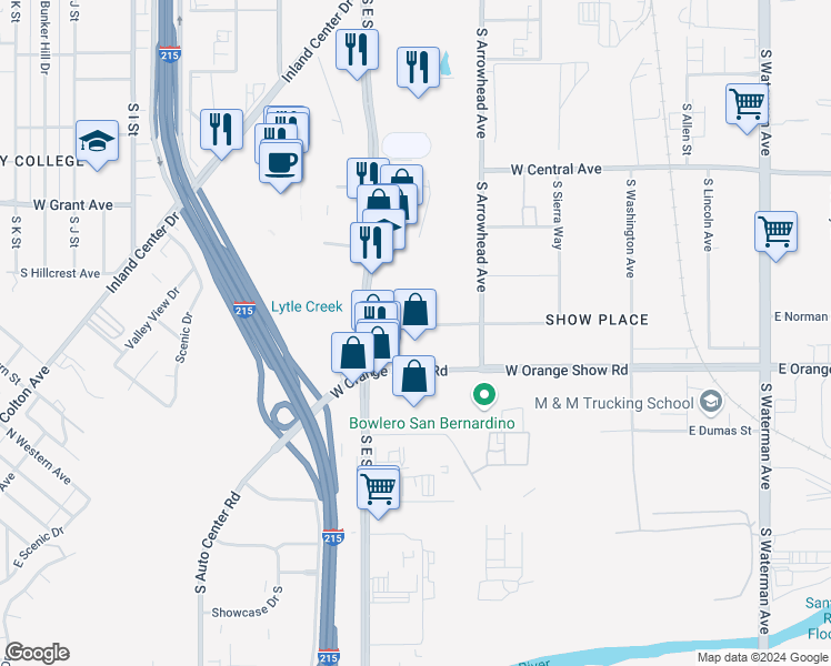 map of restaurants, bars, coffee shops, grocery stores, and more near 435 West Orange Show Lane in San Bernardino