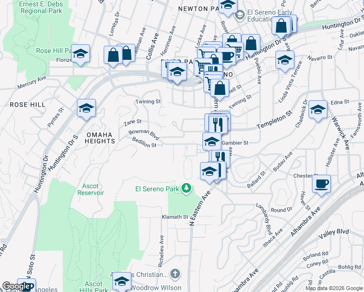 map of restaurants, bars, coffee shops, grocery stores, and more near 2931 Paola Avenue in Los Angeles