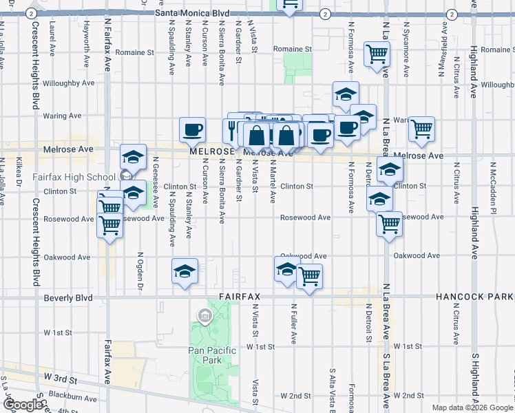 map of restaurants, bars, coffee shops, grocery stores, and more near 543 North Martel Avenue in Los Angeles