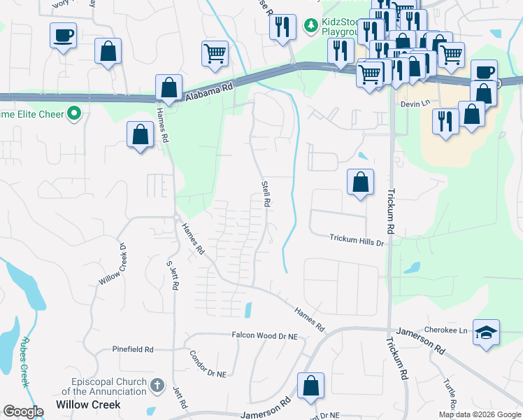 map of restaurants, bars, coffee shops, grocery stores, and more near 520 Stell Road in Woodstock