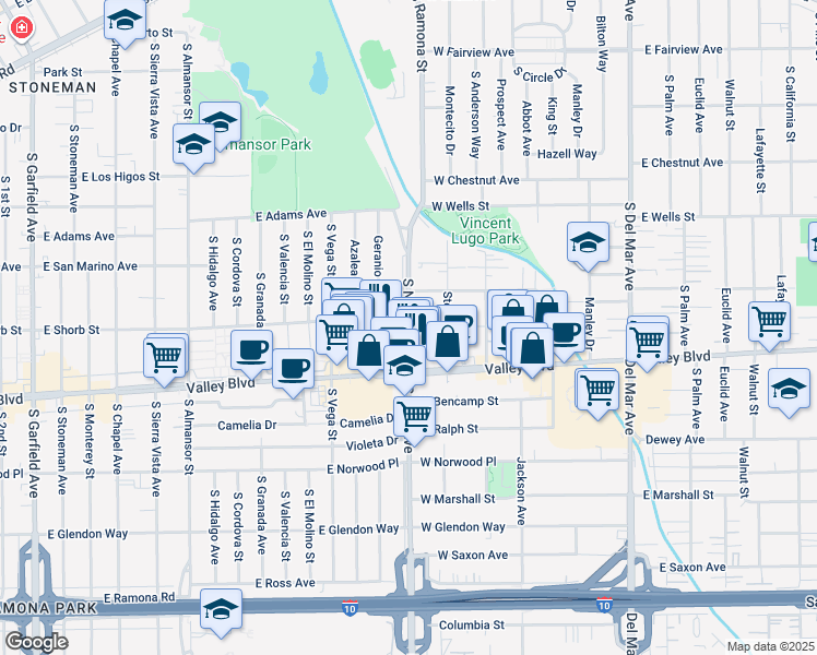 map of restaurants, bars, coffee shops, grocery stores, and more near 1532 New Avenue in Alhambra
