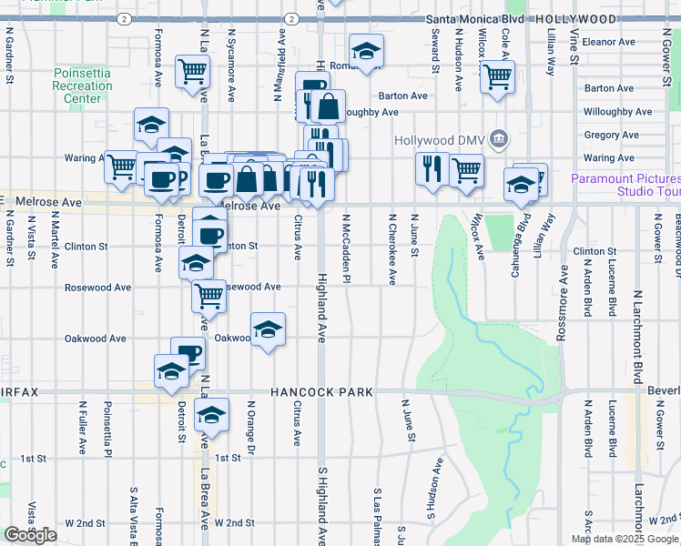 map of restaurants, bars, coffee shops, grocery stores, and more near 515 North McCadden Place in Los Angeles