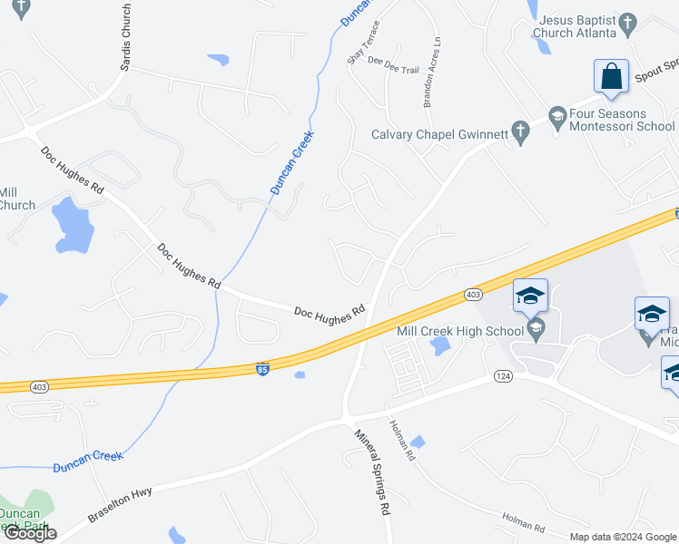 map of restaurants, bars, coffee shops, grocery stores, and more near 4127 Water Mill Drive in Buford