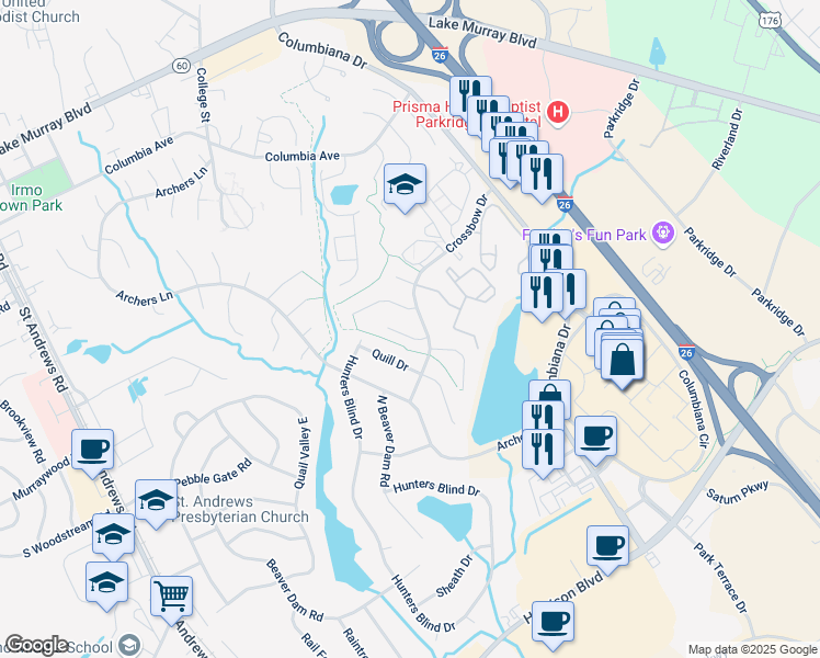 map of restaurants, bars, coffee shops, grocery stores, and more near 106 Greenbow Court in Columbia