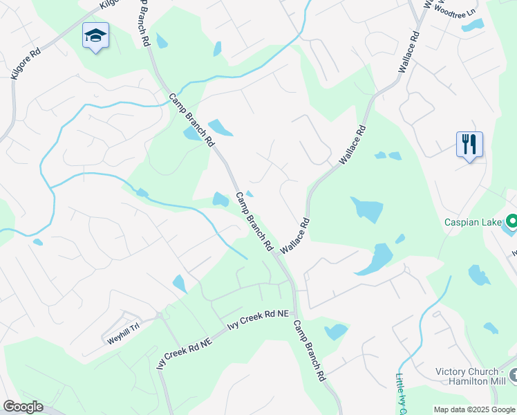 map of restaurants, bars, coffee shops, grocery stores, and more near 3045 Camp Branch Road in Buford