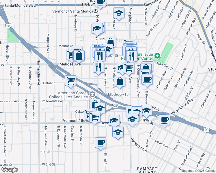 map of restaurants, bars, coffee shops, grocery stores, and more near 4014 Clinton Street in Los Angeles