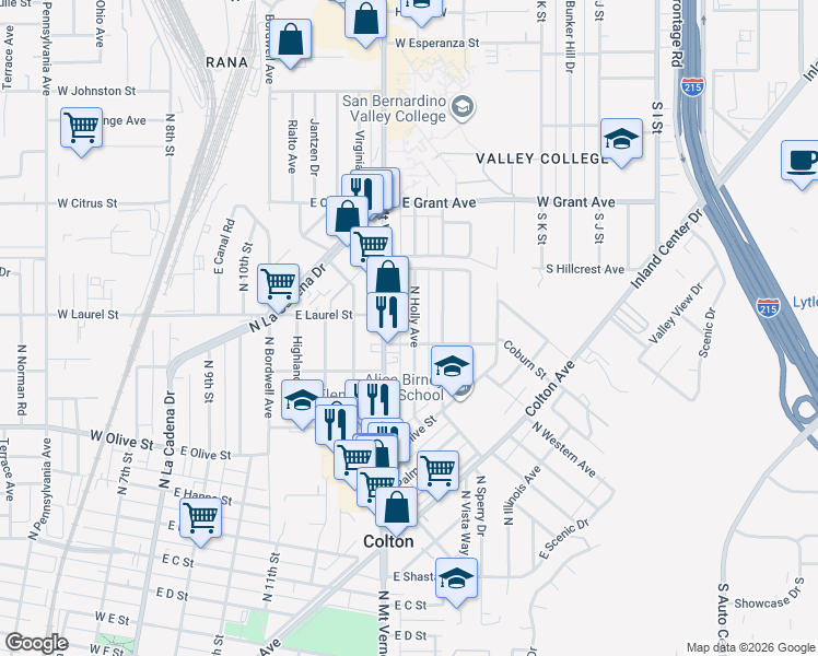 map of restaurants, bars, coffee shops, grocery stores, and more near 1315 North Holly Avenue in Colton