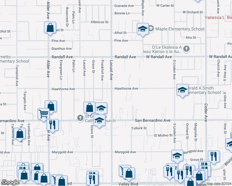 map of restaurants, bars, coffee shops, grocery stores, and more near 9529 Locust Avenue in Fontana