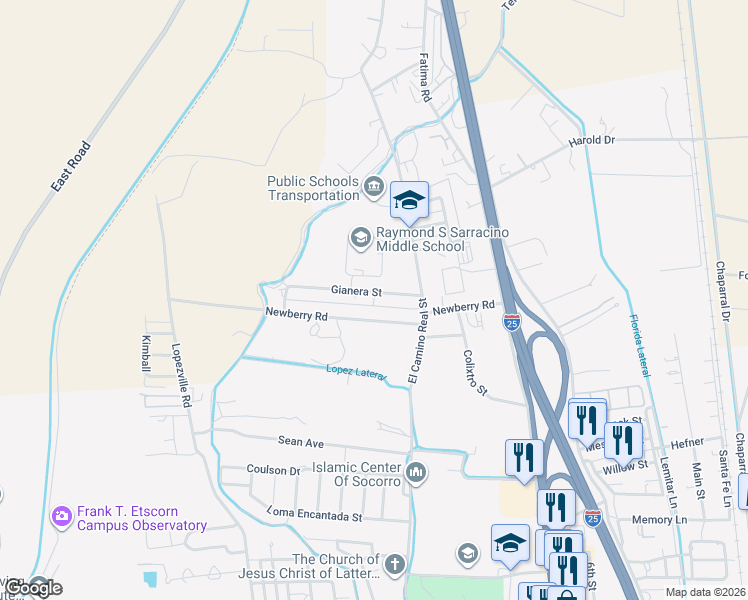 map of restaurants, bars, coffee shops, grocery stores, and more near 604 Gianera Street in Socorro