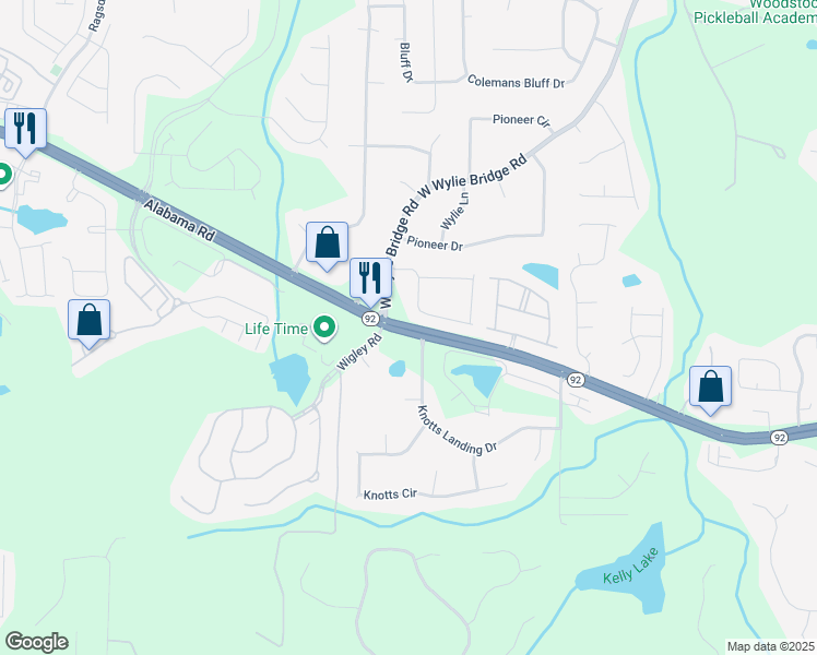 map of restaurants, bars, coffee shops, grocery stores, and more near 1299 West Wylie Bridge Road in Woodstock