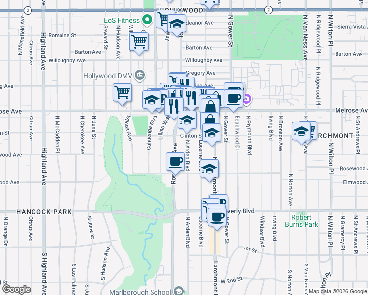 map of restaurants, bars, coffee shops, grocery stores, and more near 584 North Arden Boulevard in Los Angeles