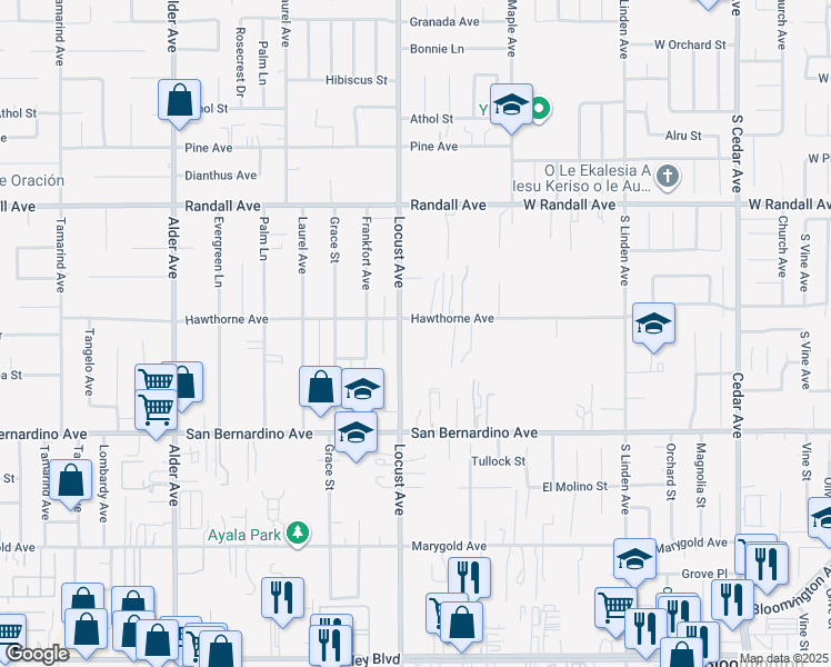 map of restaurants, bars, coffee shops, grocery stores, and more near 9529 Locust Avenue in Fontana