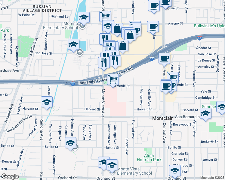 map of restaurants, bars, coffee shops, grocery stores, and more near 4959 Palo Verde Street in Montclair