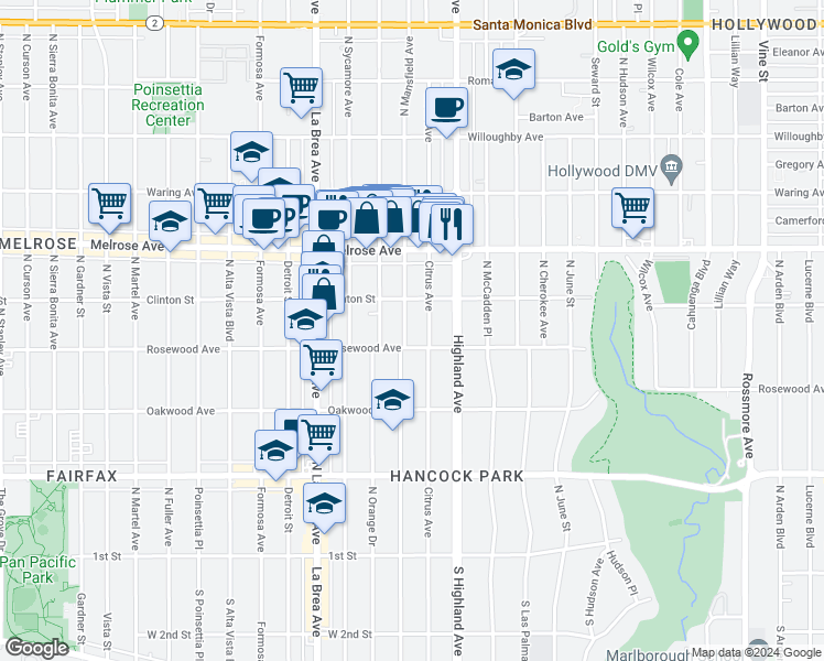map of restaurants, bars, coffee shops, grocery stores, and more near 516 North Mansfield Avenue in Los Angeles