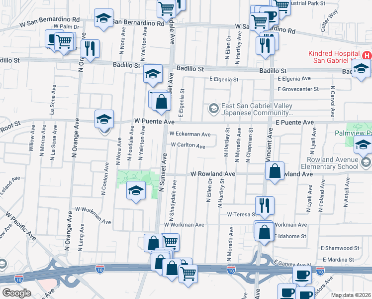 map of restaurants, bars, coffee shops, grocery stores, and more near 557 North Broadmoor Avenue in West Covina